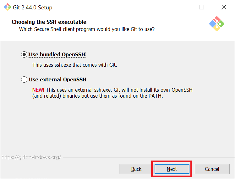 Git：Choosing the SSH executable画面でSSHクライアントを確認して「Next」をクリック