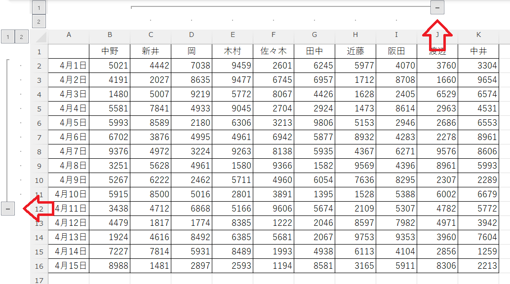 Excel：グループ化した行列を非表示にする―アイコン