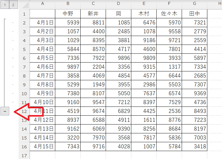 Excel：グループ化によるアイコンが表示される