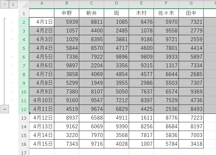 Excel：グループ化の解除する行を選択