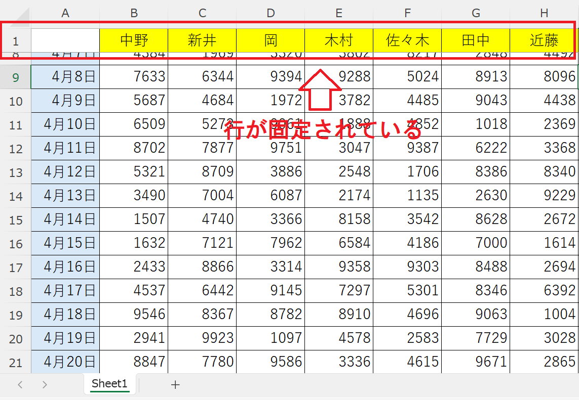 エクセル：行の固定