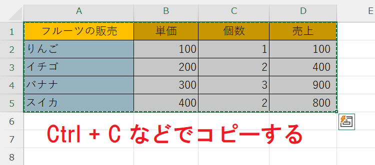 エクセル：対象の表をコピー（ショートカットキー：Ctrl + C）