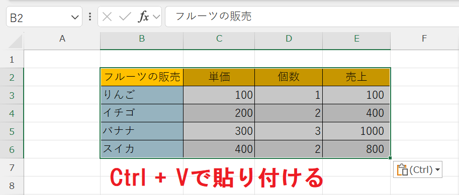 エクセル：貼り付けたいエクセルシートを表示して、希望の箇所で貼り付ける