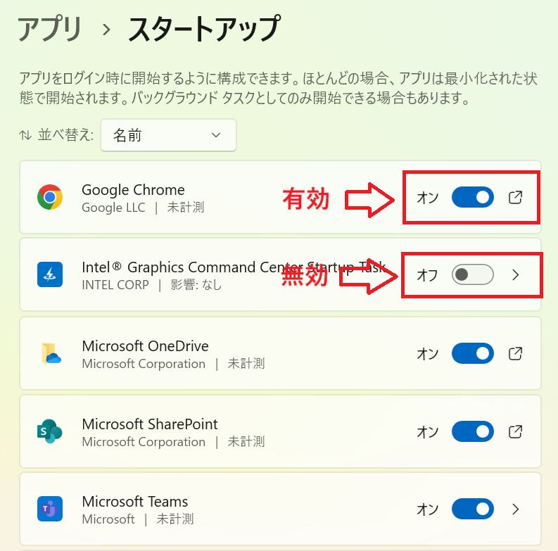 Windows11：アプリ一覧からスタートアップのオン／オフ