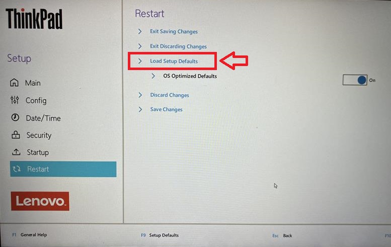 Windows11：「Restart」タブを選択して、「Load Setup Defaults」を選択